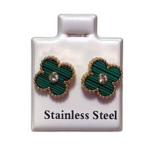 Designer Inspired Stainless Steel Green Clover Rhinestone Stud Earrings
